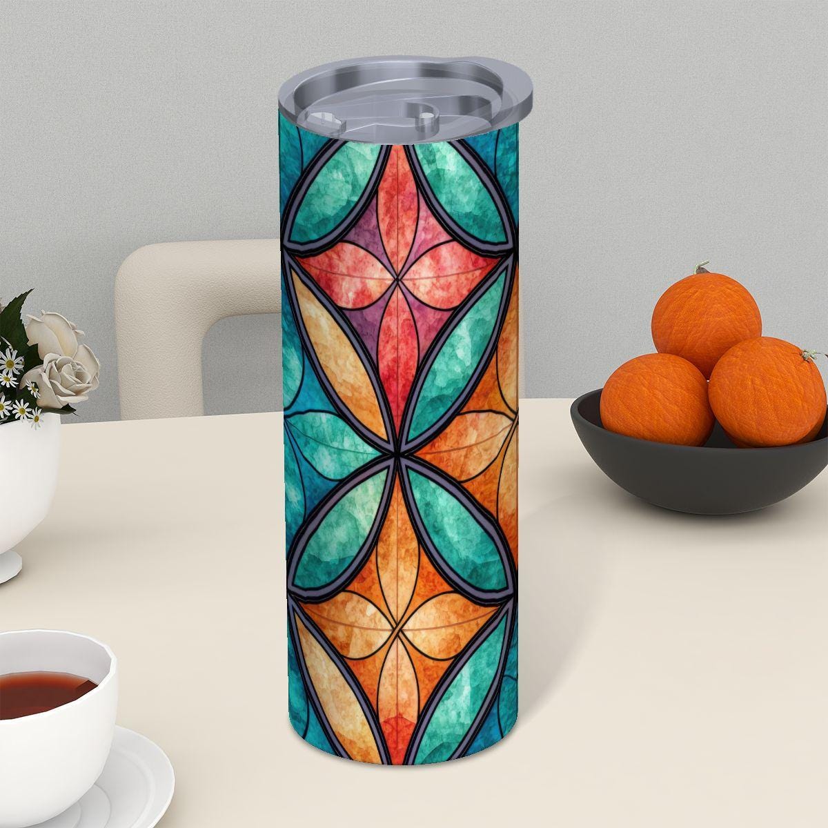 ColorFlow | Serene Feather Flow 20oz Skinny Stainless Steel Tumbler with Straw | Blue Gold Abstract Leaf Design