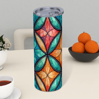 ColorFlow | Serene Feather Flow 20oz Skinny Stainless Steel Tumbler with Straw | Blue Gold Abstract Leaf Design