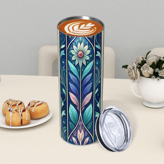 ColorFlow | Blue Garden Panel Floral 20oz Skinny Stainless Steel Tumbler with Straw | Cottagecore Botanical Cup