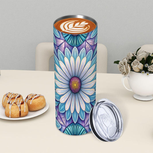 ColorFlow | Blue Lotus Mandala 20oz Skinny Stainless Steel Tumbler with Straw | Floral Stained Glass Design
