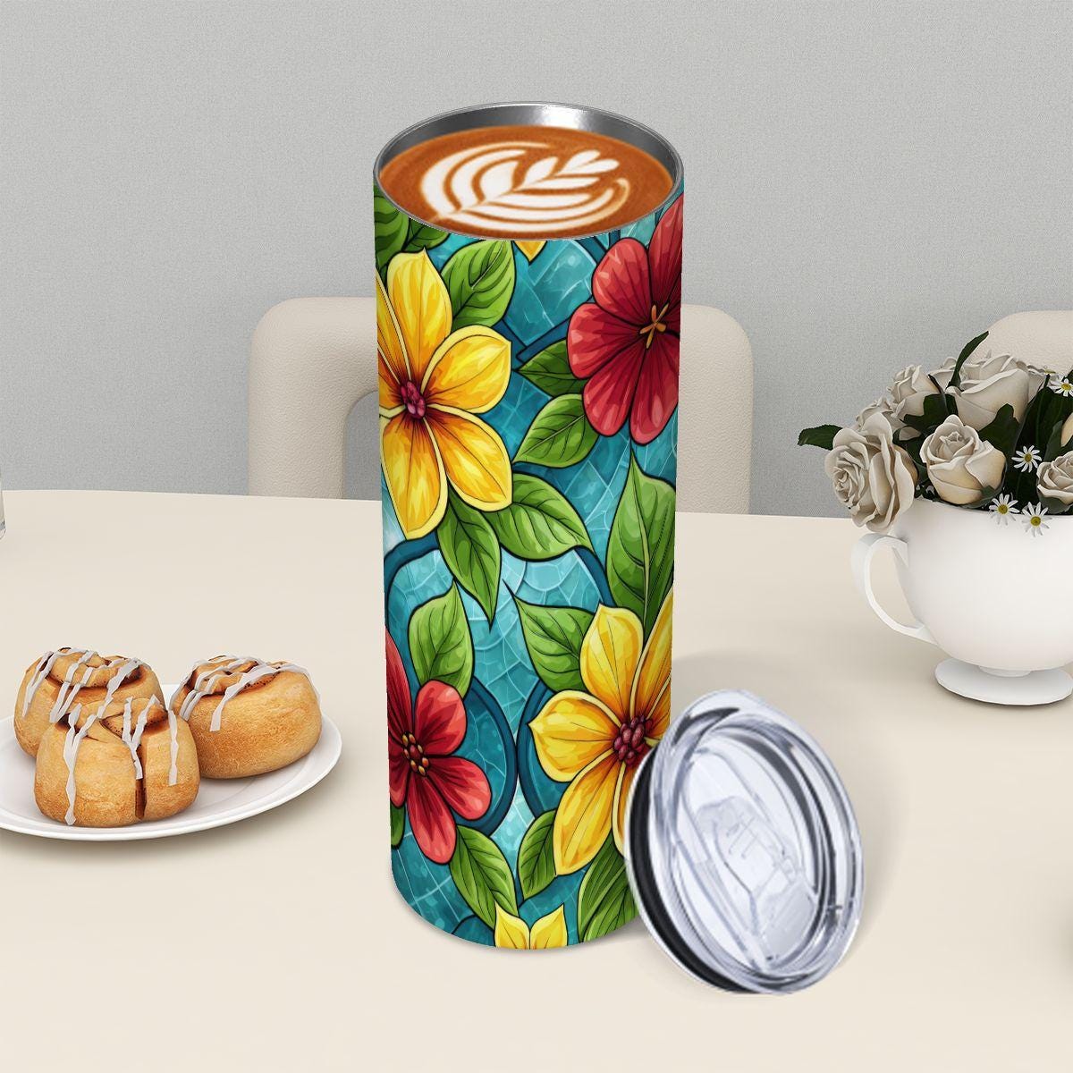 ColorFlow | Golden Petal Mosaic 20oz Skinny Stainless Steel Tumbler with Straw | Bright Floral Glass Pattern