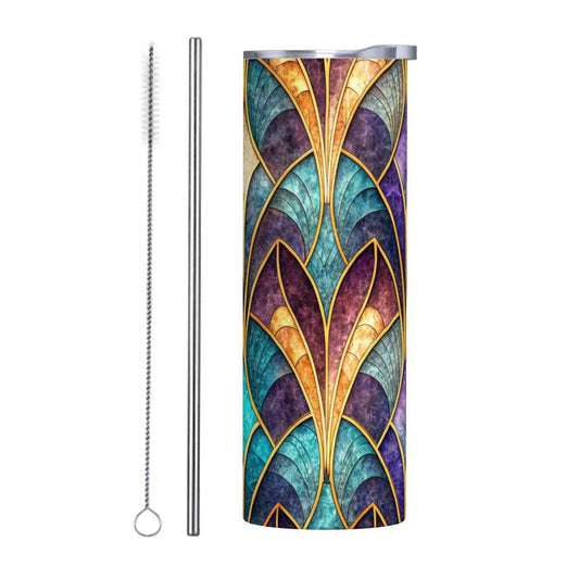ColorFlow | Art Deco Jewel Fan 20oz Skinny Stainless Steel Tumbler with Straw | Elegant Vintage Pattern Cup