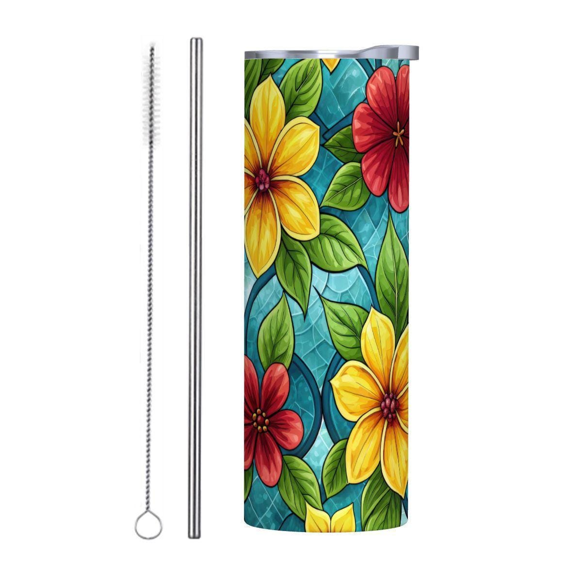 ColorFlow | Golden Petal Mosaic 20oz Skinny Stainless Steel Tumbler with Straw | Bright Floral Glass Pattern