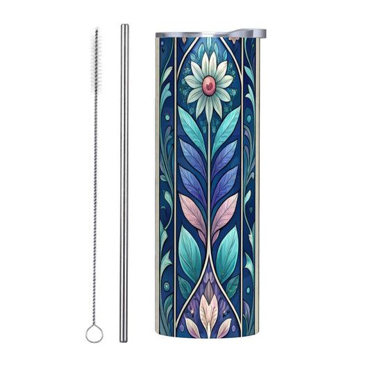 ColorFlow | Blue Garden Panel Floral 20oz Skinny Stainless Steel Tumbler with Straw | Cottagecore Botanical Cup