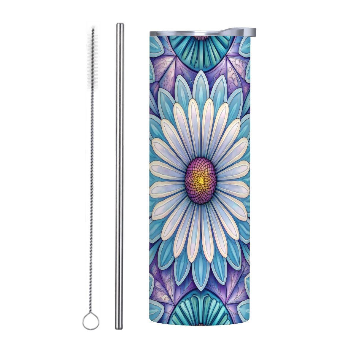 ColorFlow | Blue Lotus Mandala 20oz Skinny Stainless Steel Tumbler with Straw | Floral Stained Glass Design