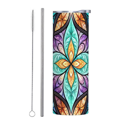 ColorFlow | Coastal Prism Mandala 20oz Skinny Stainless Steel Tumbler with Straw | Teal Purple Geometric Bloom