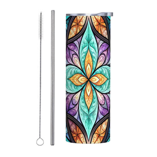 ColorFlow | Coastal Prism Mandala 20oz Skinny Stainless Steel Tumbler with Straw | Teal Purple Geometric Bloom