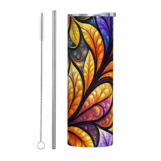 ColorFlow | Ember Glow Botanical Swirl 20oz Skinny Stainless Steel Tumbler with Straw | Vibrant Abstract Leaf Art