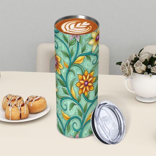 ColorFlow | Mint Vine Florals 20oz Skinny Stainless Steel Tumbler with Straw | Whimsical Spring Botanical Design