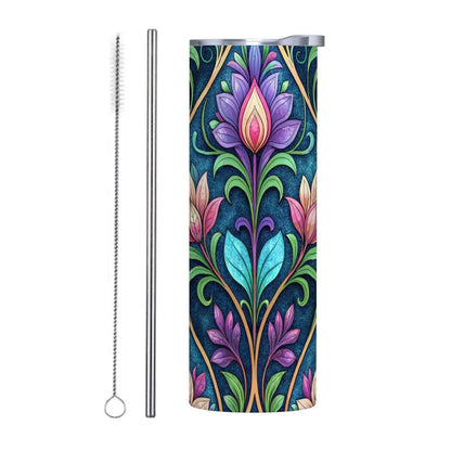 ColorFlow | Enchanted Garden Floral 20oz Skinny Stainless Steel Tumbler with Straw | Whimsical Botanical Art