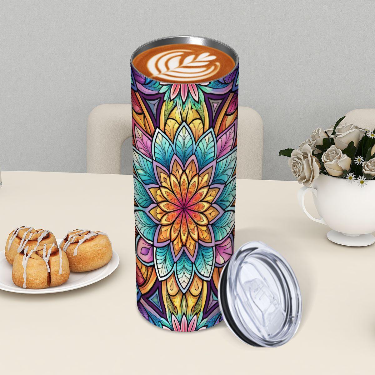 ColorFlow | Radiant Mandala Bloom 20oz Skinny Stainless Steel Tumbler with Straw | Vibrant Sacred Geometry Cup