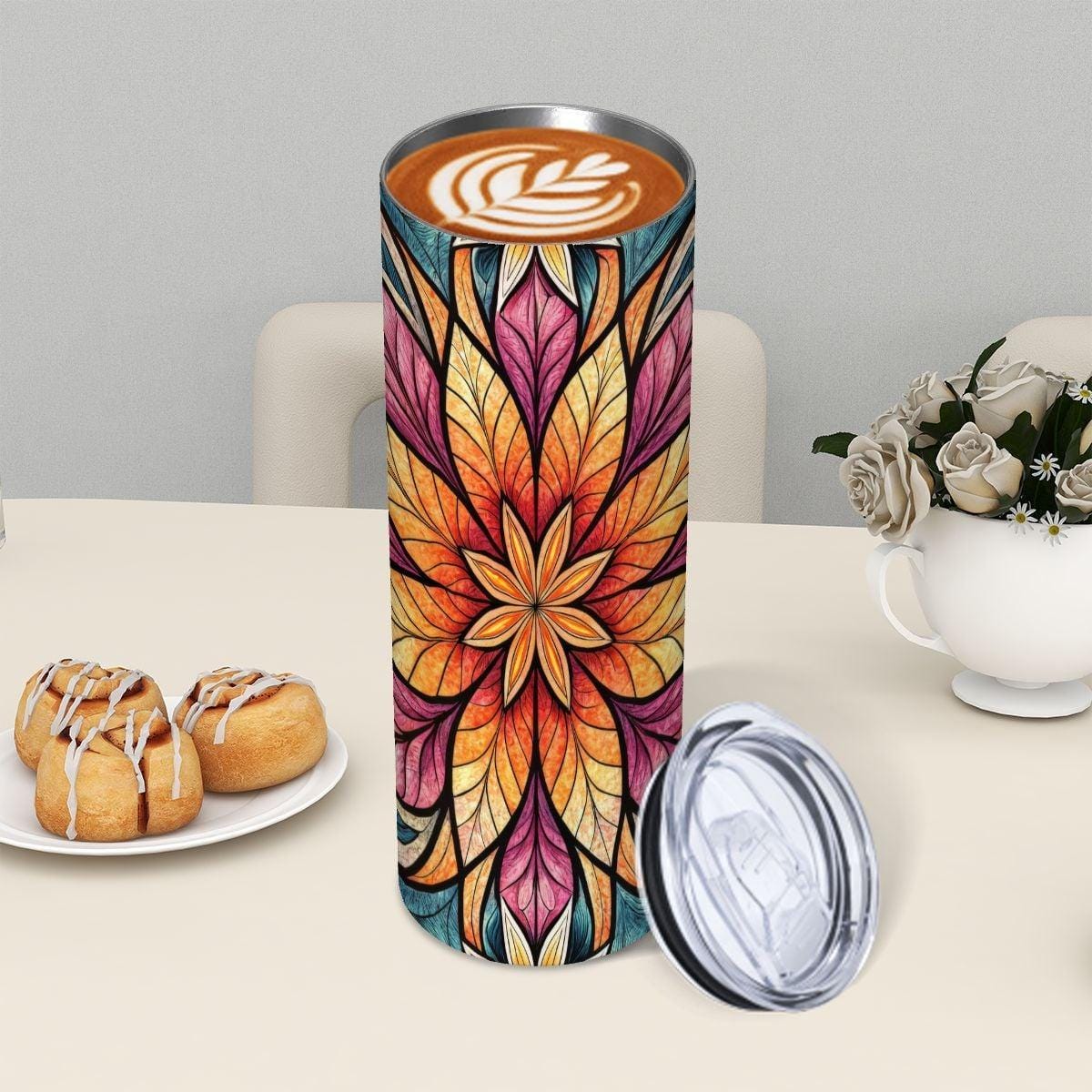 ColorFlow | Radiant Lotus Starburst 20oz Skinny Stainless Steel Tumbler with Straw | Bold Mandala Floral Art