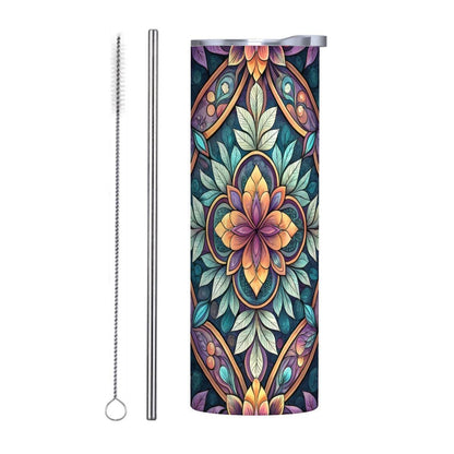 ColorFlow | Midnight Bloom Mandala 20oz Skinny Stainless Steel Tumbler with Straw | Elegant Floral Mosaic Art