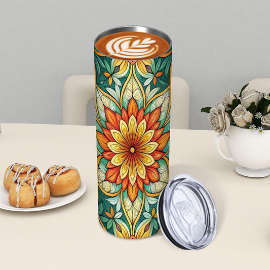 ColorFlow | Sunburst Garden Mandala 20oz Skinny Stainless Steel Tumbler with Straw | Vibrant Floral Geometry Art