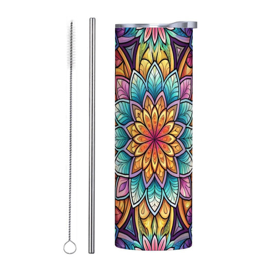 ColorFlow | Radiant Mandala Bloom 20oz Skinny Stainless Steel Tumbler with Straw | Vibrant Sacred Geometry Cup