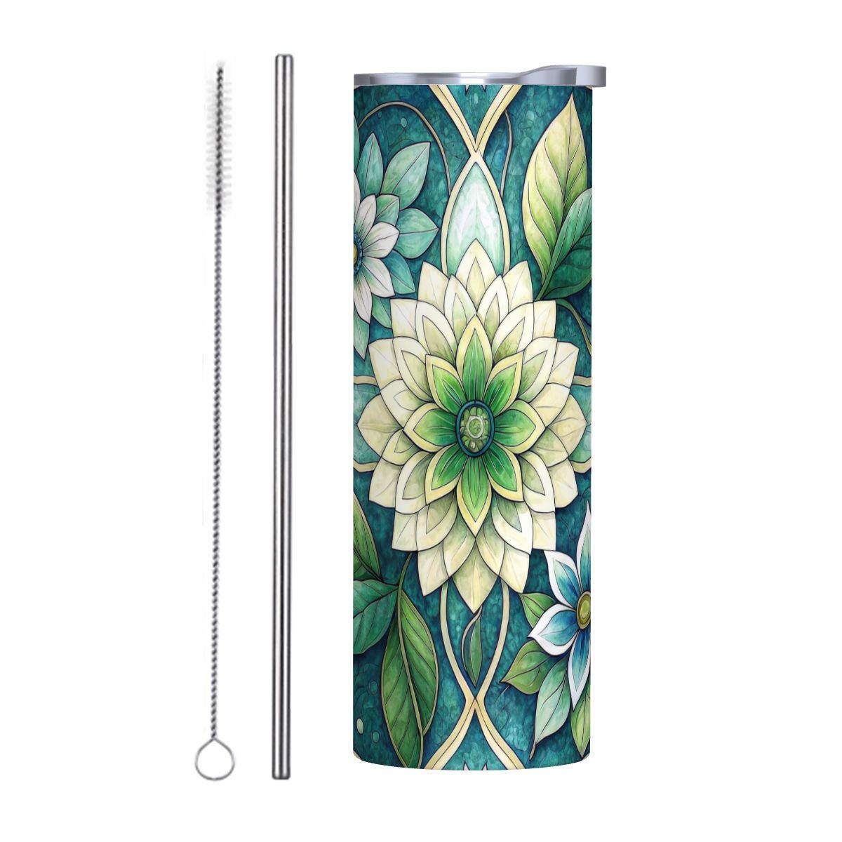 ColorFlow | Tranquil Sage Blossom 20oz Skinny Stainless Steel Tumbler with Straw | Soft Green Botanical Art