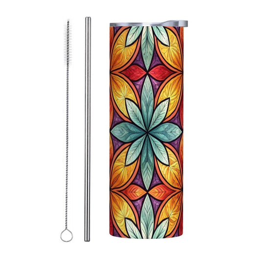 ColorFlow | Sunset Petal Mosaic 20oz Skinny Stainless Steel Tumbler with Straw | Warm Floral Geometric Pattern