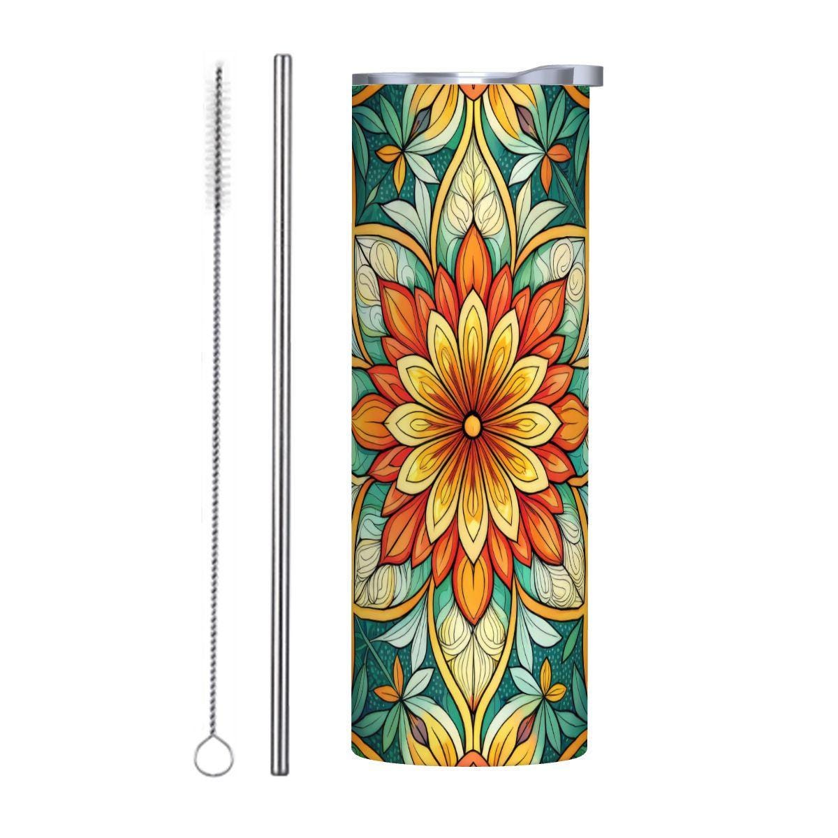 ColorFlow | Sunburst Garden Mandala 20oz Skinny Stainless Steel Tumbler with Straw | Vibrant Floral Geometry Art