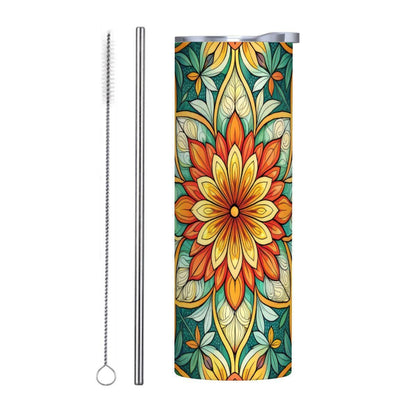 ColorFlow | Sunburst Garden Mandala 20oz Skinny Stainless Steel Tumbler with Straw | Vibrant Floral Geometry Art