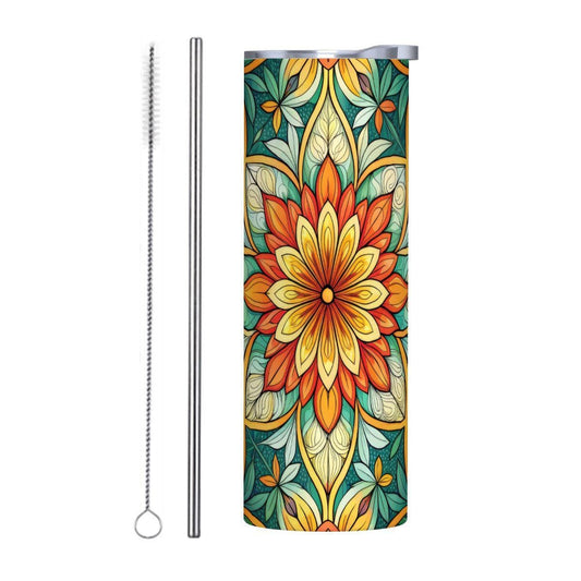 ColorFlow | Sunburst Garden Mandala 20oz Skinny Stainless Steel Tumbler with Straw | Vibrant Floral Geometry Art