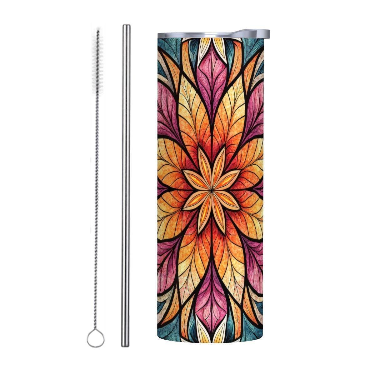 ColorFlow | Radiant Lotus Starburst 20oz Skinny Stainless Steel Tumbler with Straw | Bold Mandala Floral Art