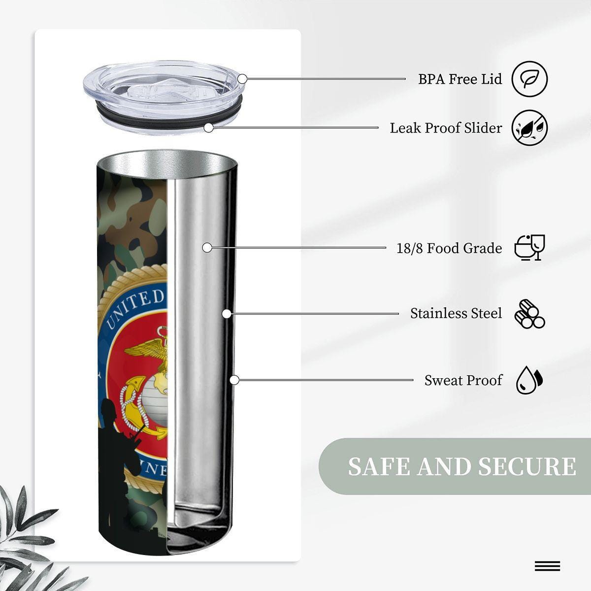 ColorFlow | Military Marine Inspired 20oz Straight Stainless Steel Tumbler Camouflage Patriotic Travel Cup