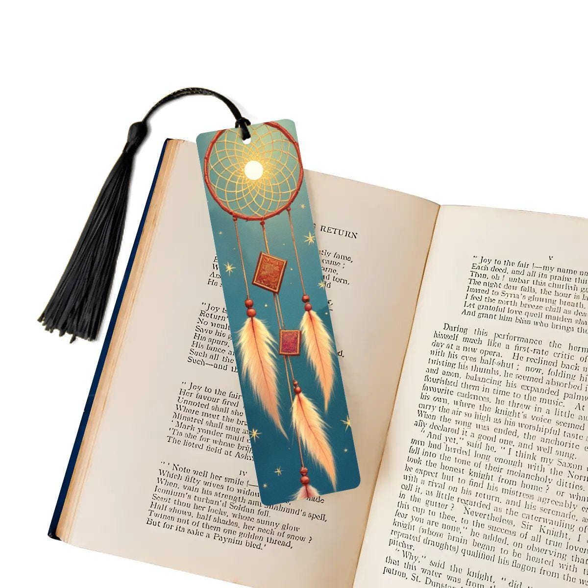 ColorFlow | Golden Dreamcatcher Moon Metal Bookmark Boho Feathers Celestial Spiritual Gift | Optional Personalization