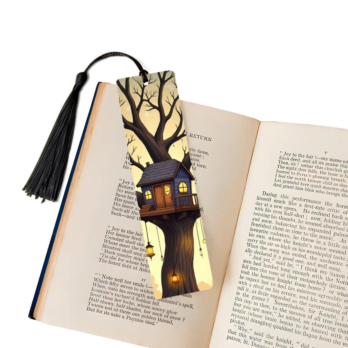 ColorFlow | Enchanted Treehouse Metal Bookmark Fantasy Lantern Art Double Sided Aluminum Reading Gift | Optional Personalization