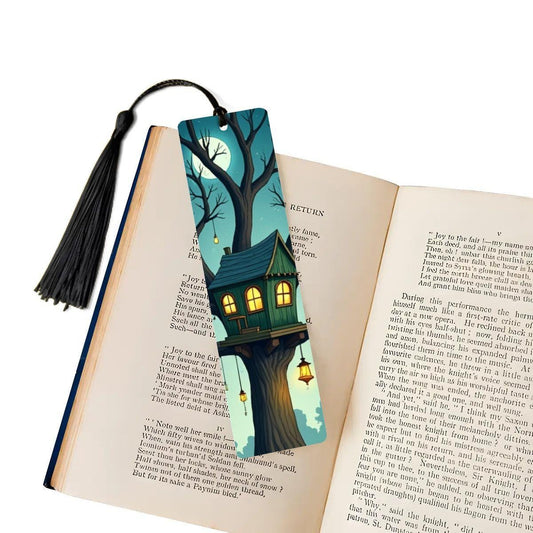 ColorFlow | Moonlit Treehouse Metal Bookmark Whimsical Lantern Art Teal Cottage Fantasy Double Sided Reading Gift | Optional Personalization