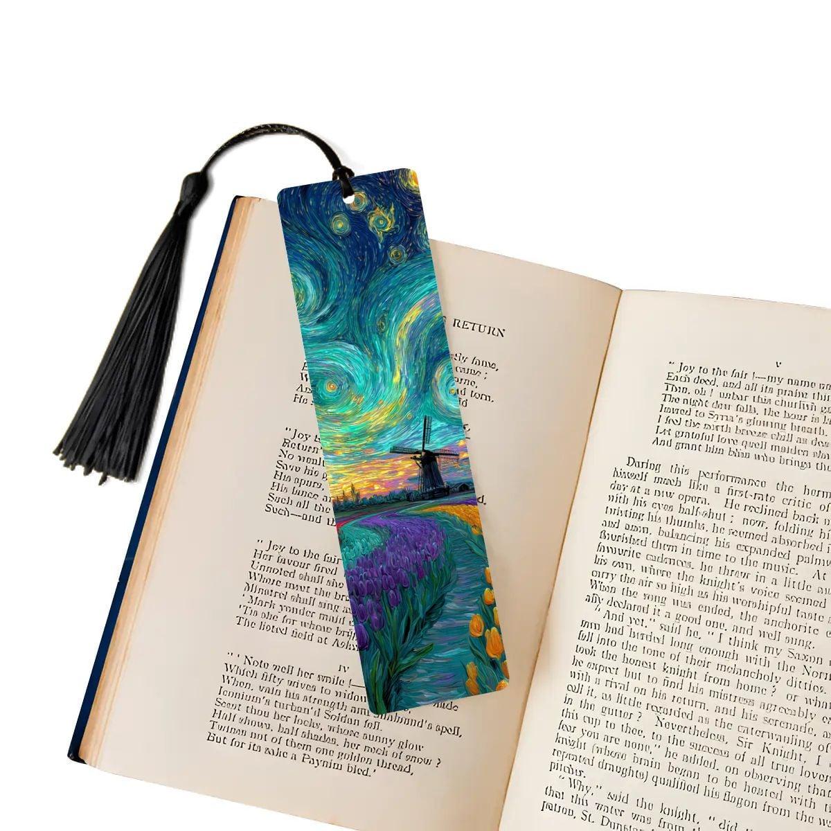 ColorFlow | Vibrant Tulip Field Windmill Metal Bookmark Van Gogh Style Sunset Swirl Art Double Sided Aluminum Reading Gift | Optional Person