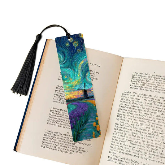 ColorFlow | Vibrant Tulip Field Windmill Metal Bookmark Van Gogh Style Sunset Swirl Art Double Sided Aluminum Reading Gift | Optional Person
