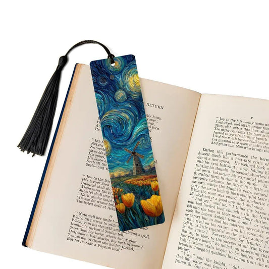ColorFlow | Starry Sky Windmill Metal Bookmark Van Gogh Inspired Tulip Garden Art Double Sided Aluminum Reading Gift | Optional Personalizat