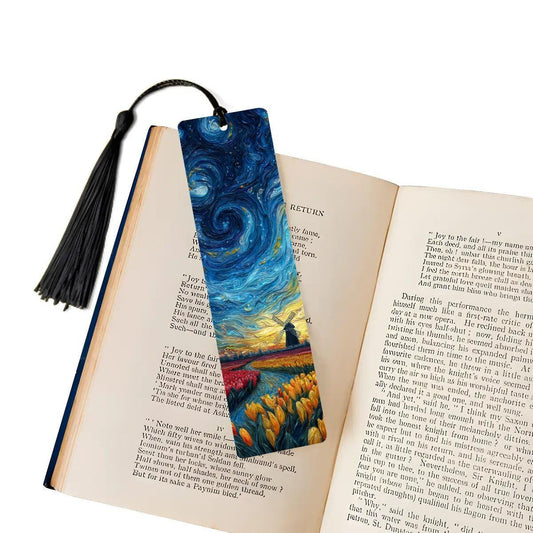 ColorFlow | Starry Night Tulip Field Metal Bookmark | Swirling Sky Windmill Art Double Sided Reading Gift | Optional Personalization