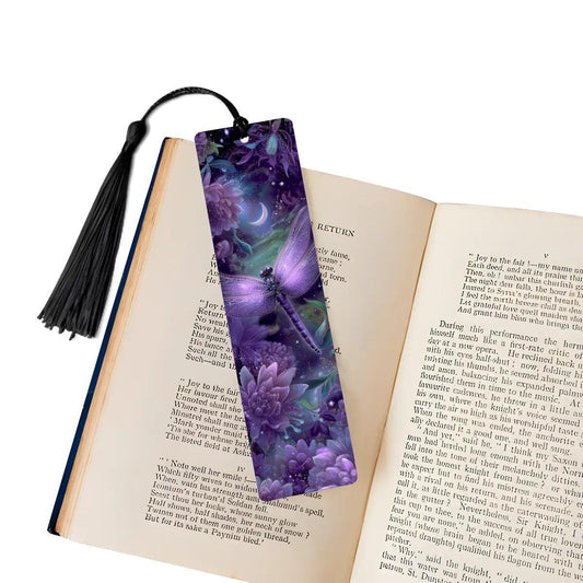 ColorFlow | Celestial Dragonfly | Double Sided Metal Bookmark Purple Fantasy Floral Art Moonlit Garden | Optional Personalization