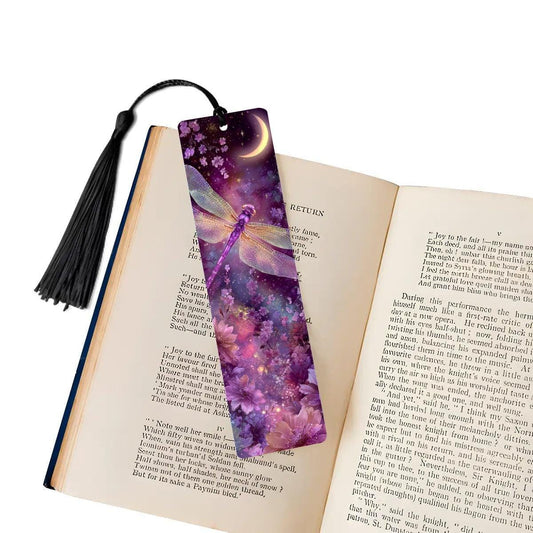 ColorFlow | Moonlit Dragonfly Metal Bookmark Pink Purple Celestial Floral Fantasy Art Double Sided | Optional Personalization