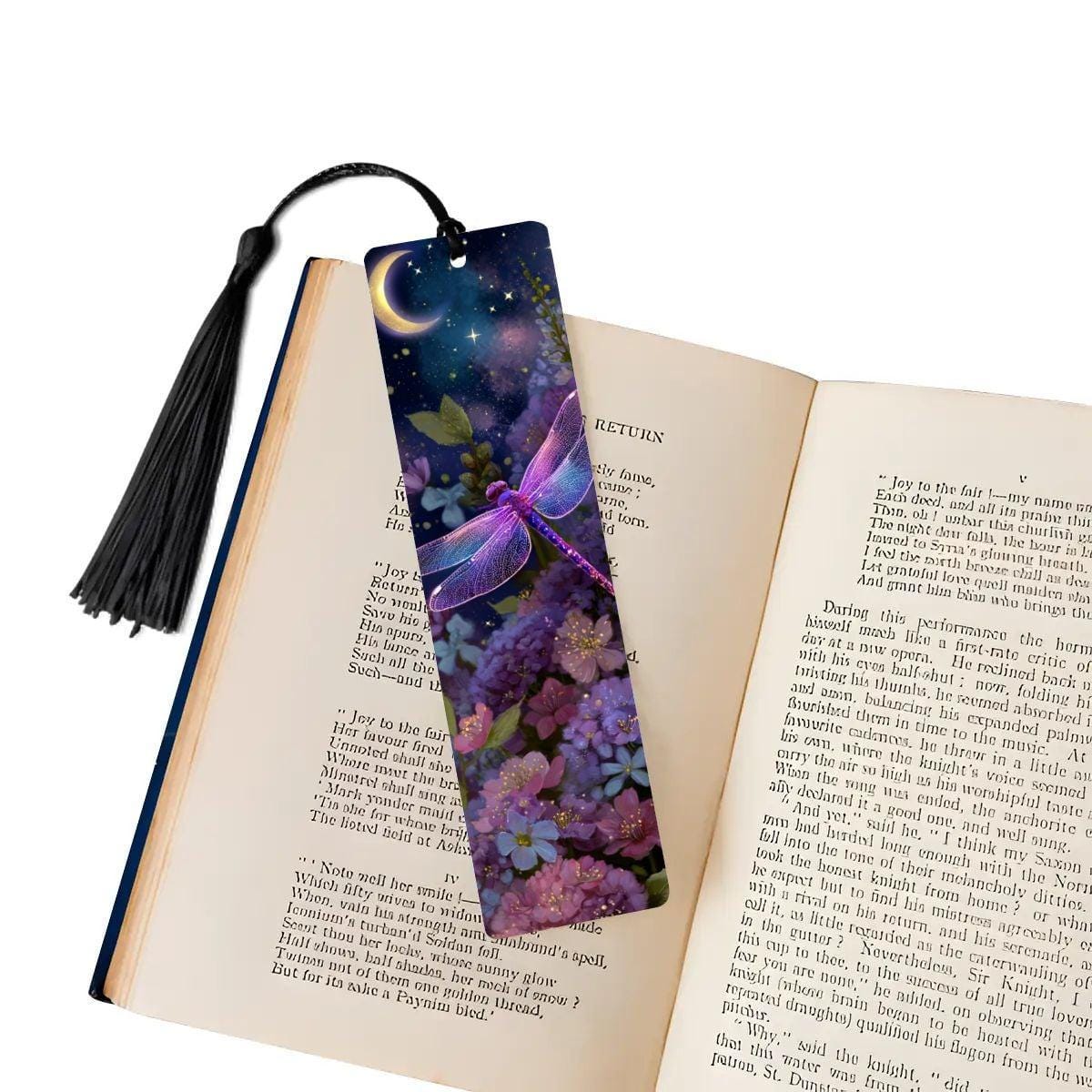 ColorFlow | Lunar Dragonfly | Double Sided Metal Bookmark | Celestial Moon and Stars Fantasy Floral Art | Optional Personalization
