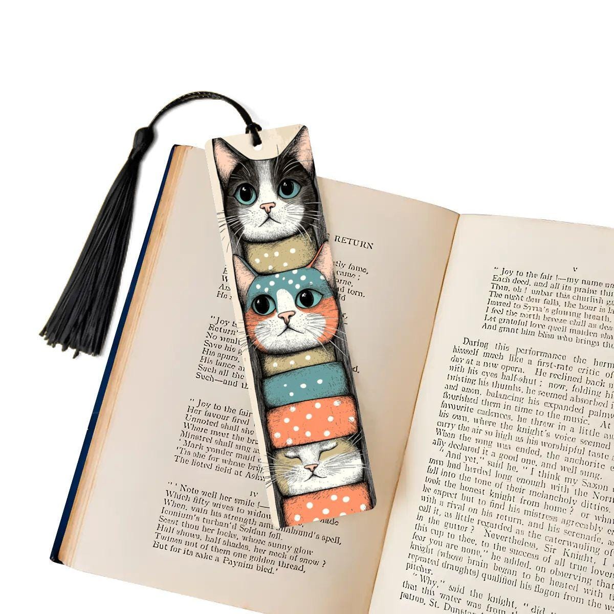 ColorFlow | Stacked Cats Metal Bookmark Quirky Retro Feline Illustration Playful Kitty Art Double Sided Design | Optional Personalization