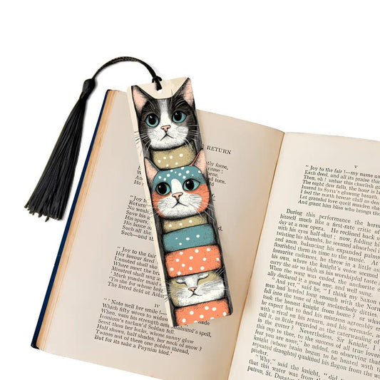 ColorFlow | Stacked Cats Metal Bookmark Quirky Retro Feline Illustration Playful Kitty Art Double Sided Design | Optional Personalization