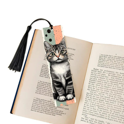ColorFlow | Tabby Cat Bookmark Retro Ink Style Cute Feline Art Patterned Background Double Sided Design | Optional Personalization