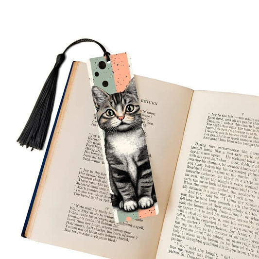 ColorFlow | Tabby Cat Bookmark Retro Ink Style Cute Feline Art Patterned Background Double Sided Design | Optional Personalization