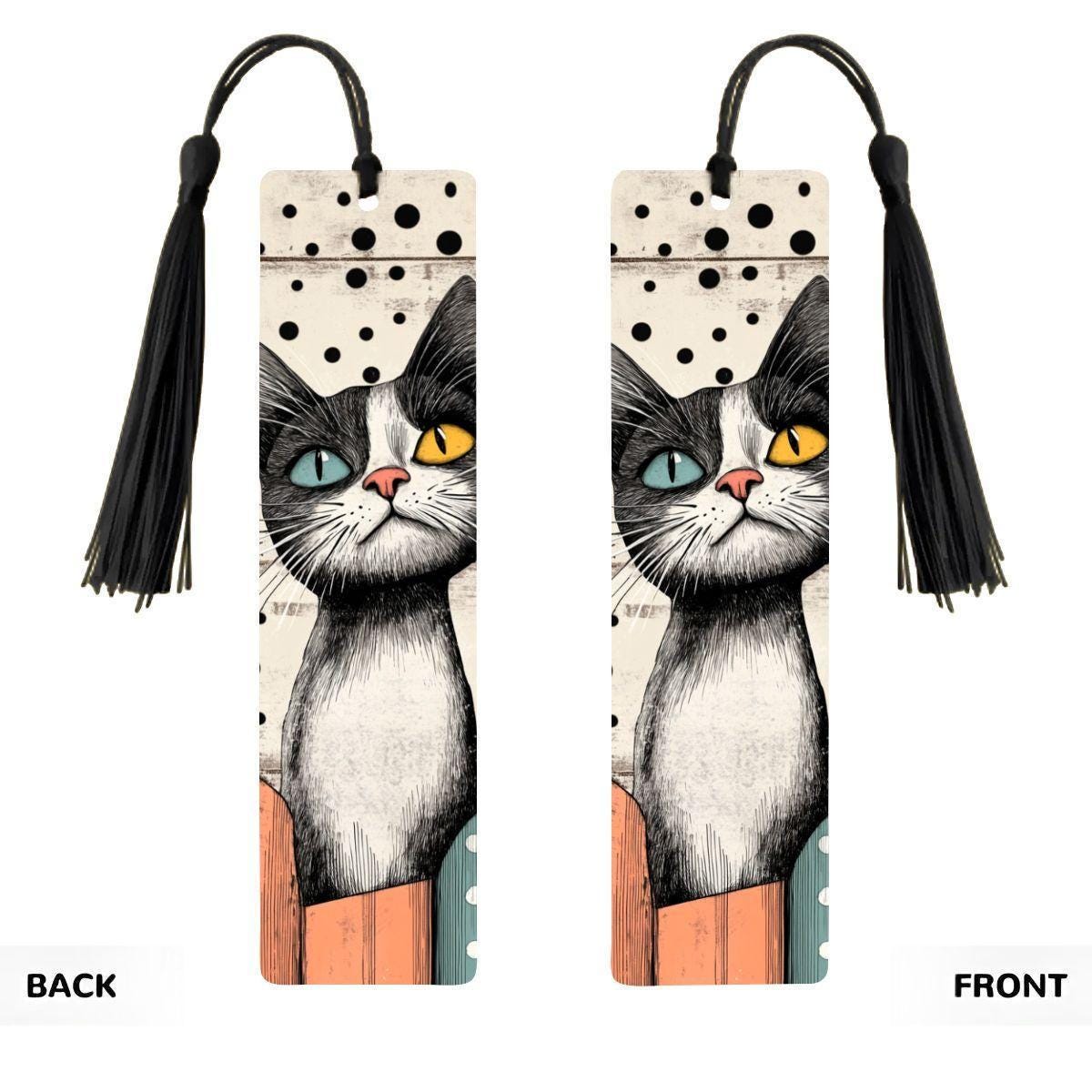 ColorFlow | Black and White Cat Bookmark Retro Ink Style Whimsical Feline Art Polka Dot Pattern Double Sided | Optional Personalization
