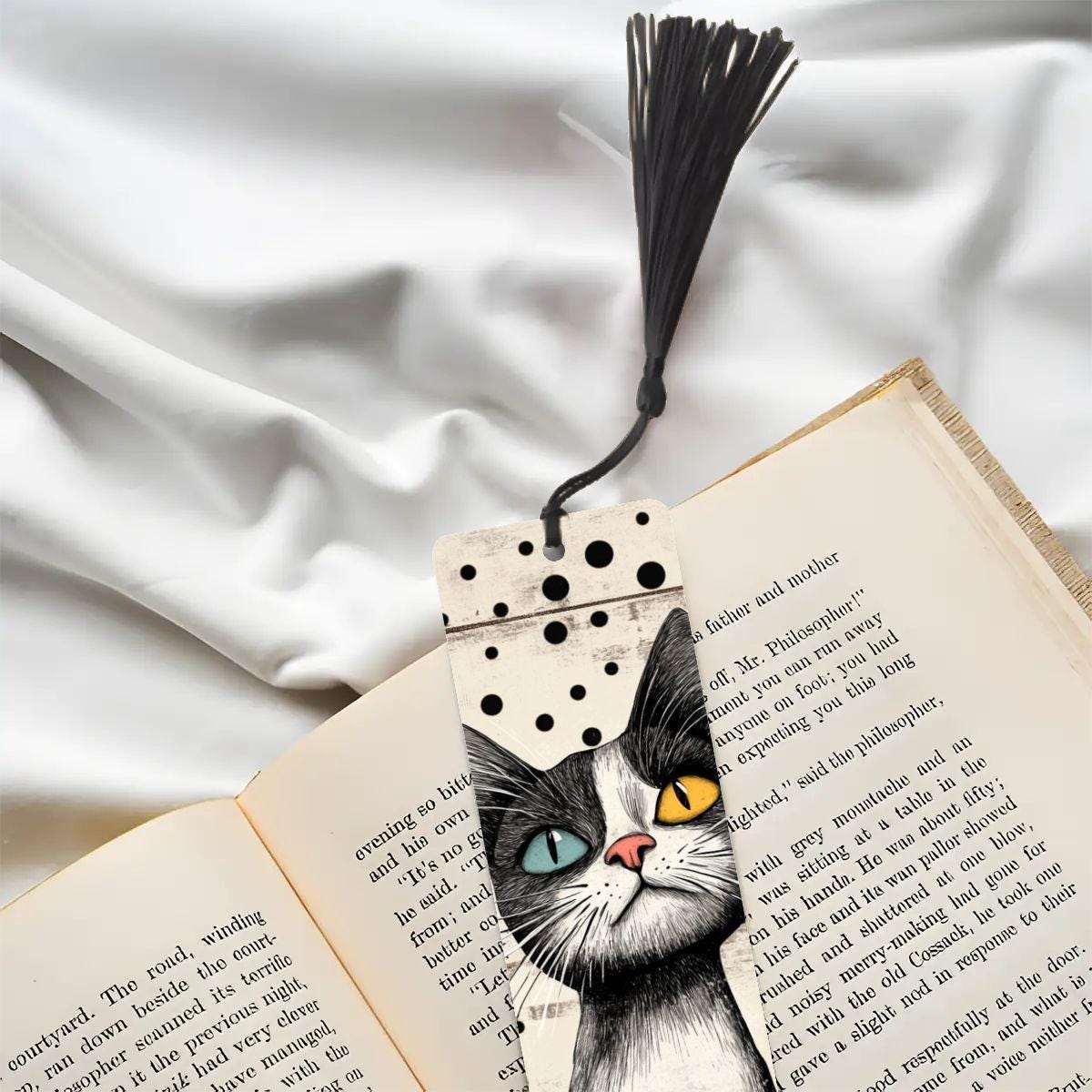 ColorFlow | Black and White Cat Bookmark Retro Ink Style Whimsical Feline Art Polka Dot Pattern Double Sided | Optional Personalization