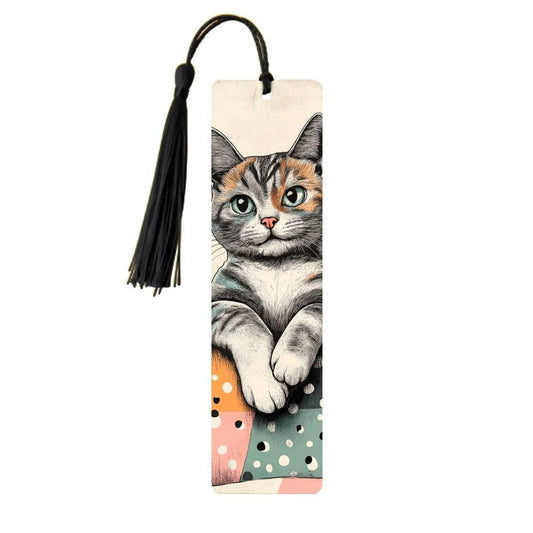 ColorFlow | Calico Cat Metal Bookmark Whimsical Feline Art Cozy Polka Dot Illustration Double Sided Design | Optional Patronizable