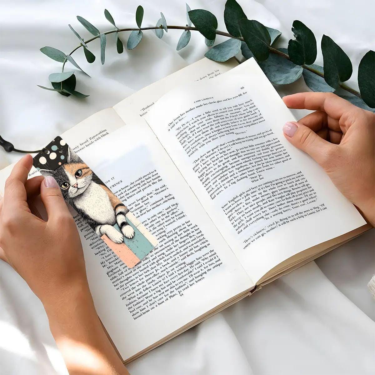 ColorFlow | Calico Cat Bookmark Retro Ink Style Whimsical Feline Art Colorful Polka Dot Background Double Sided | Optional Personalization