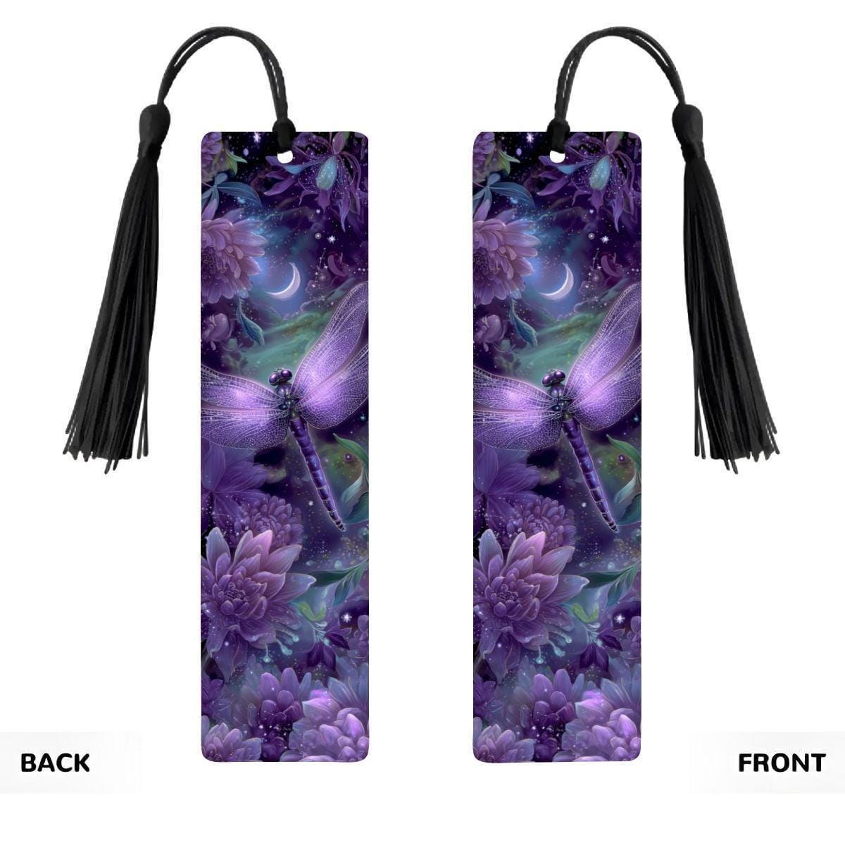 ColorFlow | Celestial Dragonfly | Double Sided Metal Bookmark Purple Fantasy Floral Art Moonlit Garden | Optional Personalization