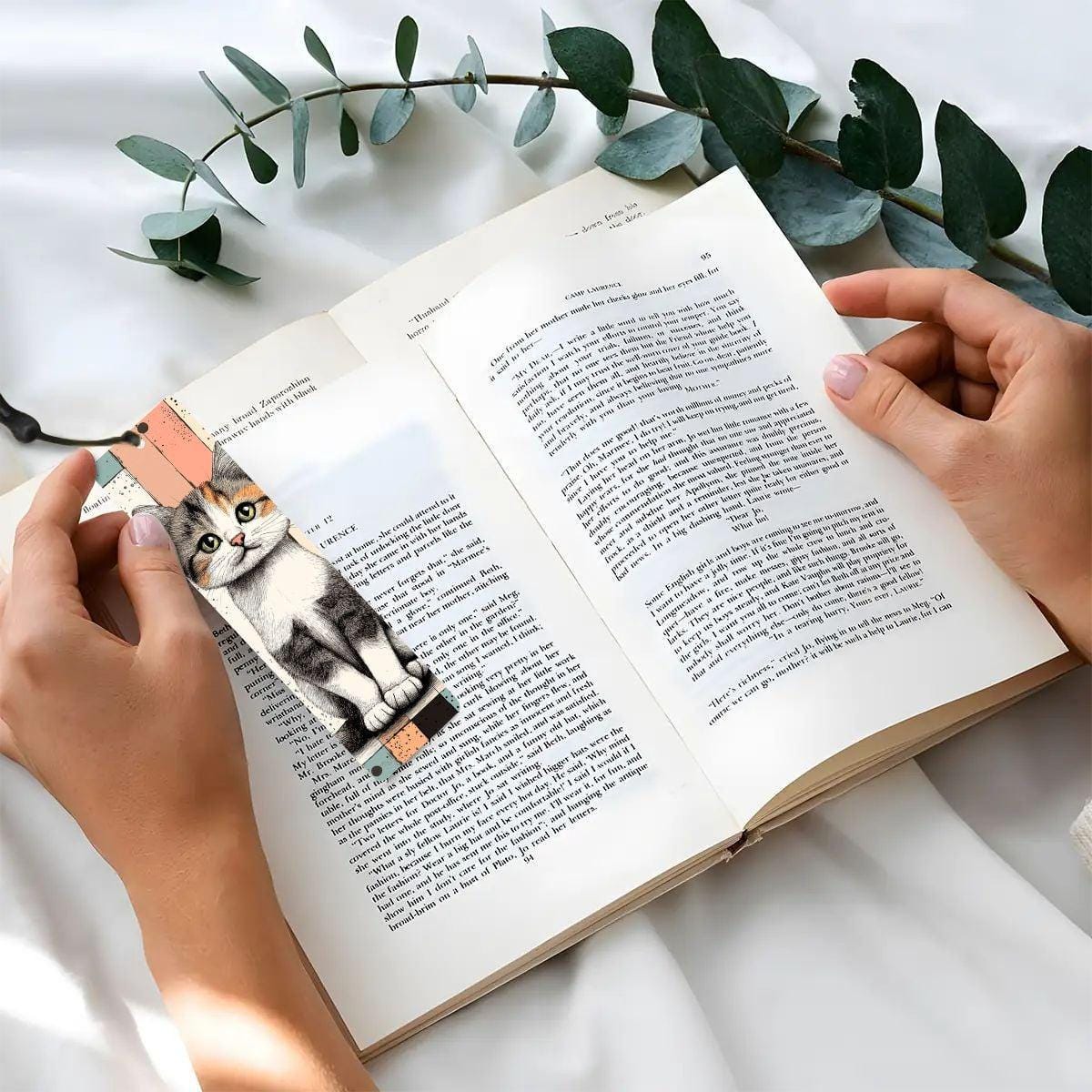 ColorFlow | Calico Kitten Bookmark Retro Ink Style Cute Feline Art Splatter Pattern Design Double Sided | Optional Personalization