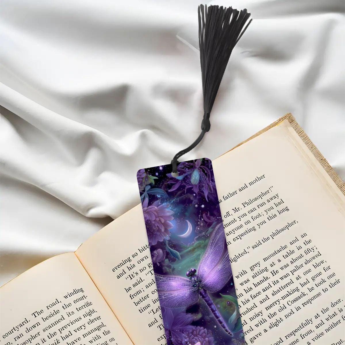 ColorFlow | Celestial Dragonfly | Double Sided Metal Bookmark Purple Fantasy Floral Art Moonlit Garden | Optional Personalization
