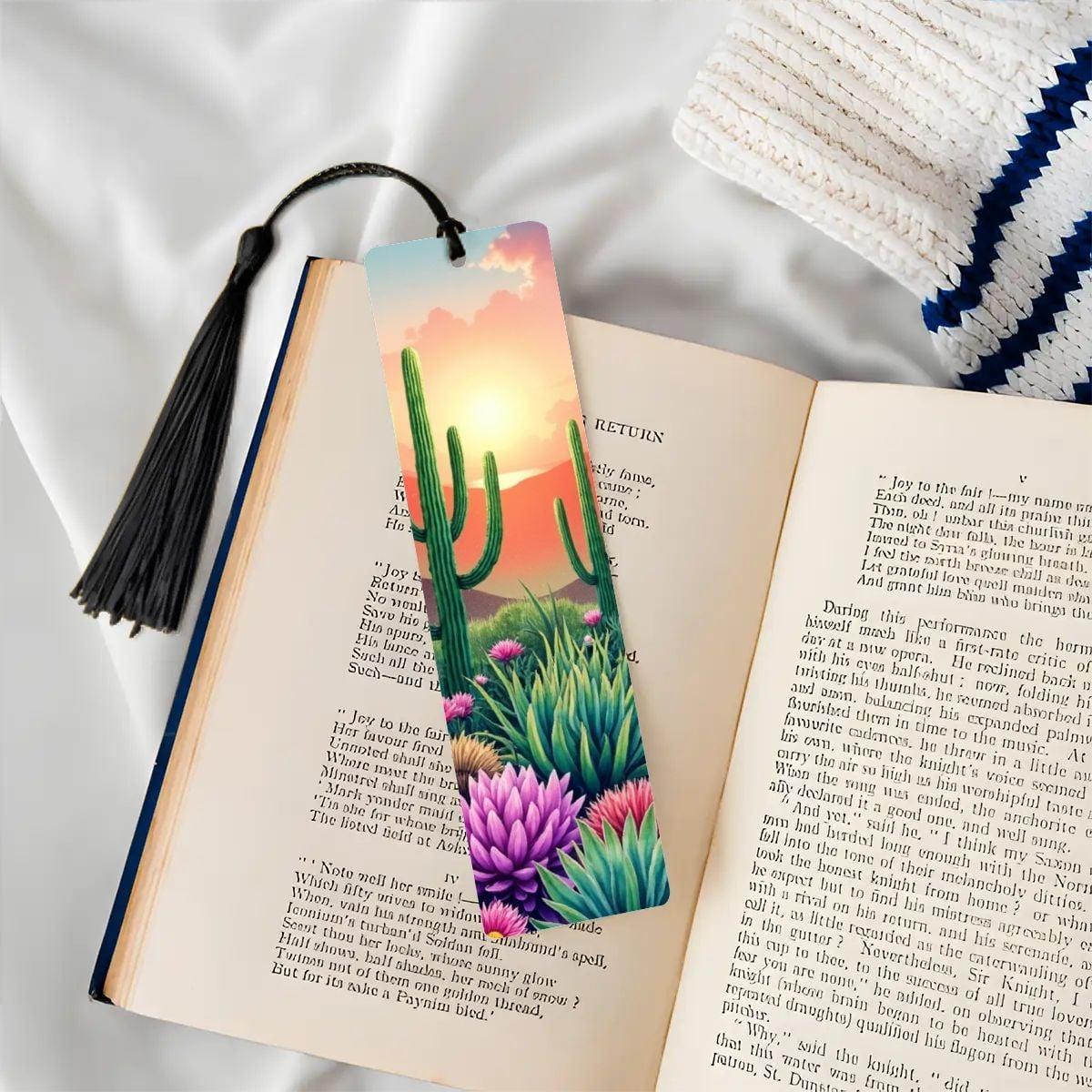 ColorFlow | Desert Sunrise Cactus Garden Metal Bookmark Southwest Floral Landscape Reading Gift | Optional Personalization