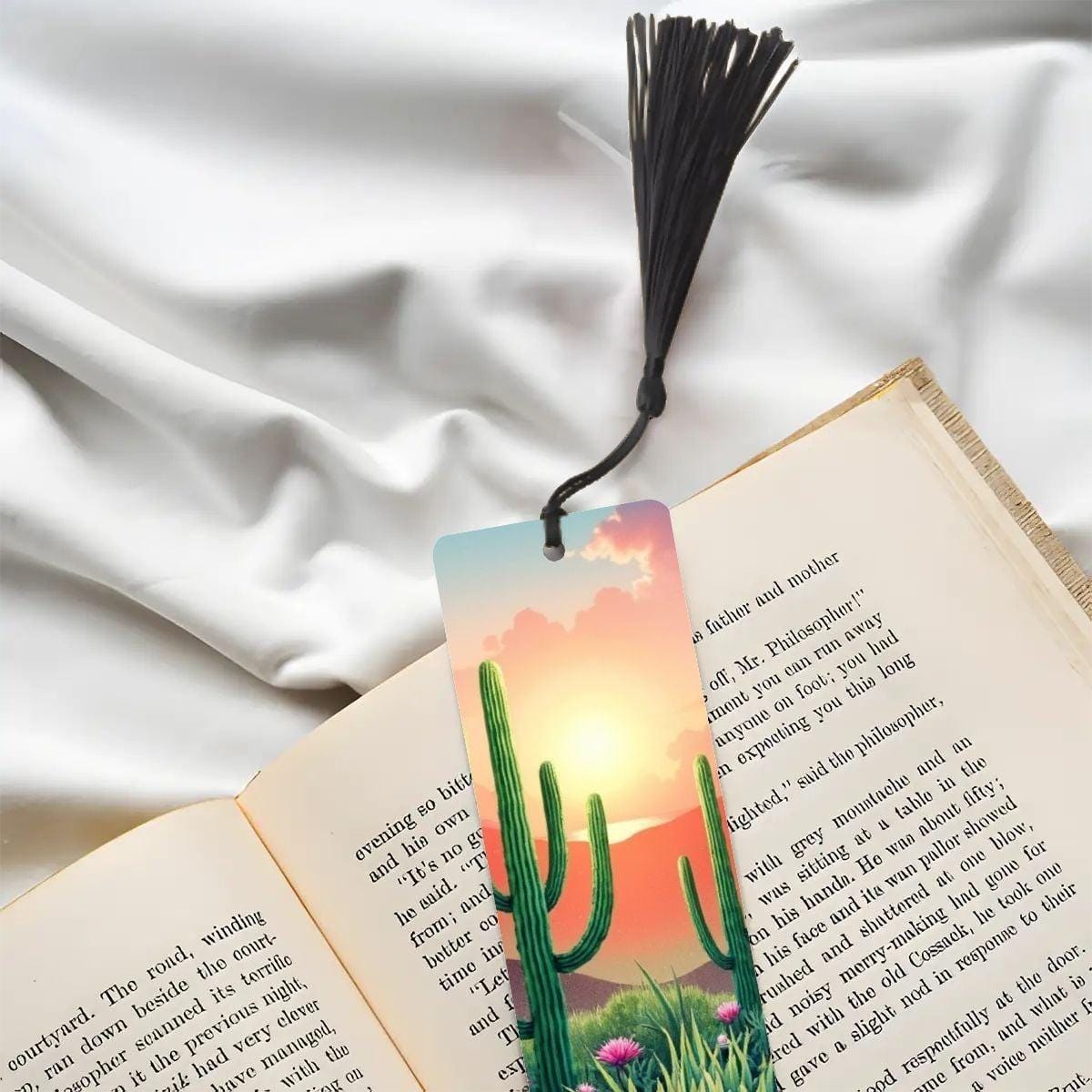 ColorFlow | Desert Sunrise Cactus Garden Metal Bookmark Southwest Floral Landscape Reading Gift | Optional Personalization