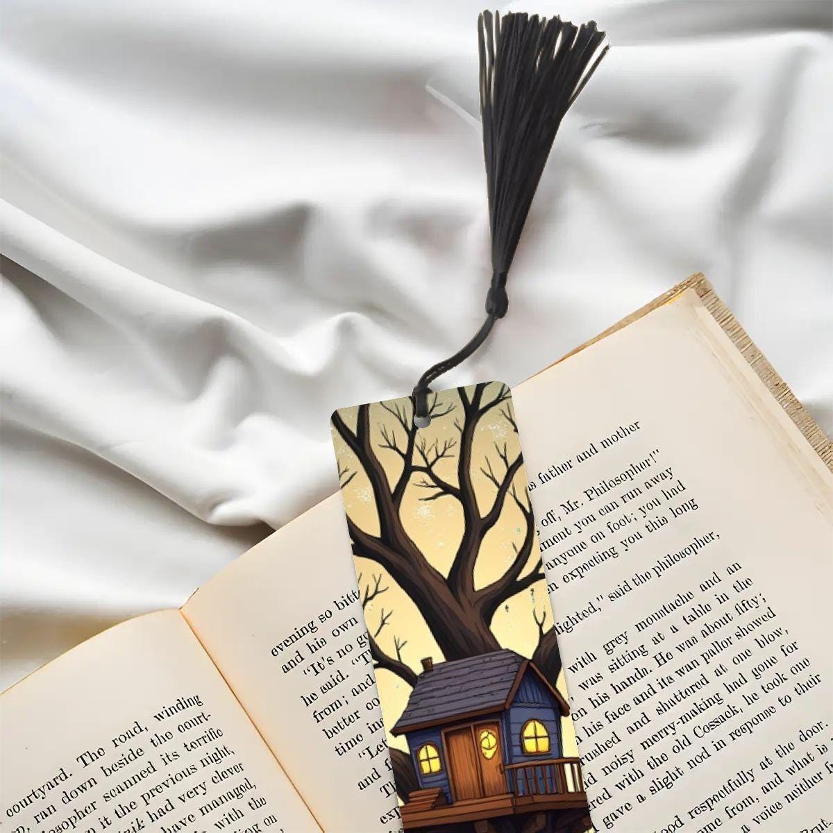 ColorFlow | Enchanted Treehouse Metal Bookmark Fantasy Lantern Art Double Sided Aluminum Reading Gift | Optional Personalization